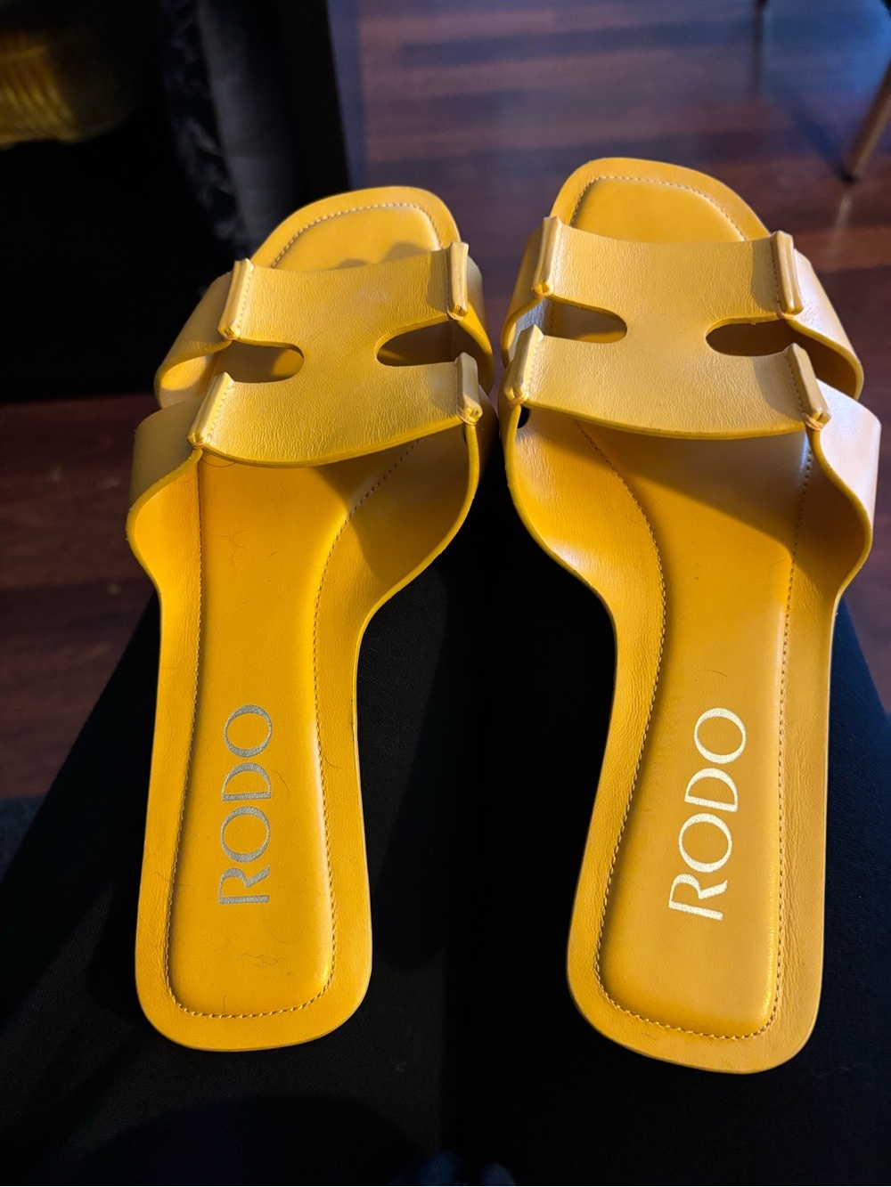 Rodo Yellow Leather Double-Strap Slide Mules